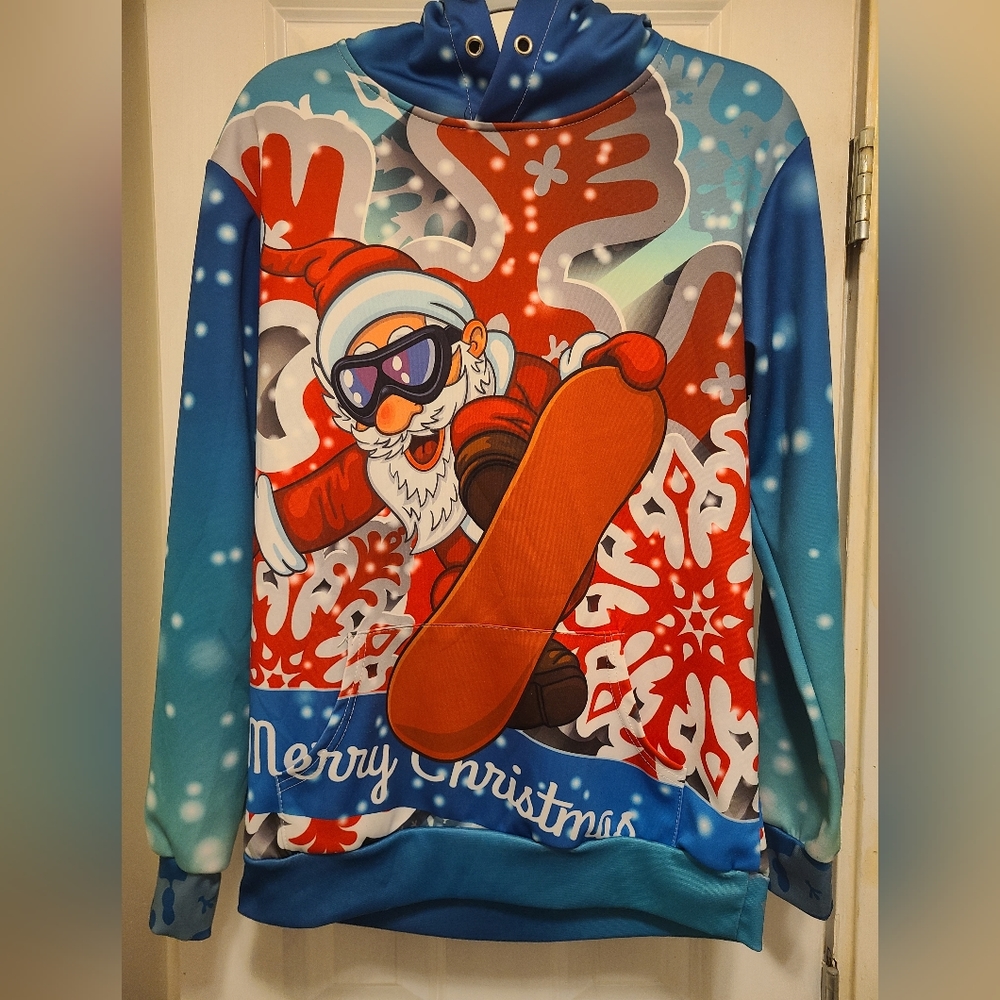John Hancock snowboarding Santa hoodie |  Size medium